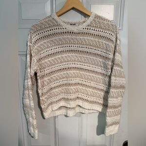 RSQ Cream and Tan Crew Neck Sweater with Intricate Knit